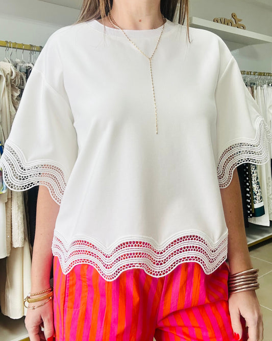 White Crochet Border  Top By. Gracia