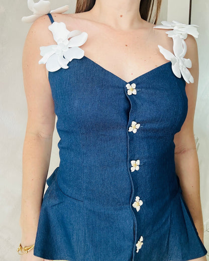 Denim Flower Details Top