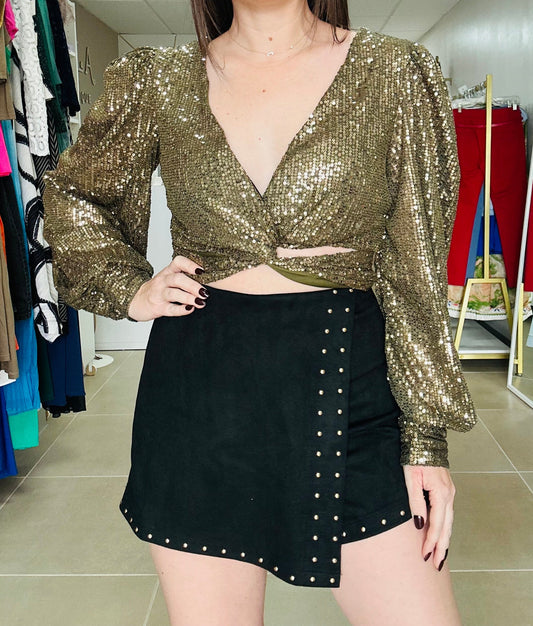 Long Sleeve Antique Gold Sequin Crop Top