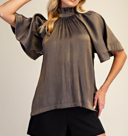 Gray Gold Details Ruffle Neck Blouse
