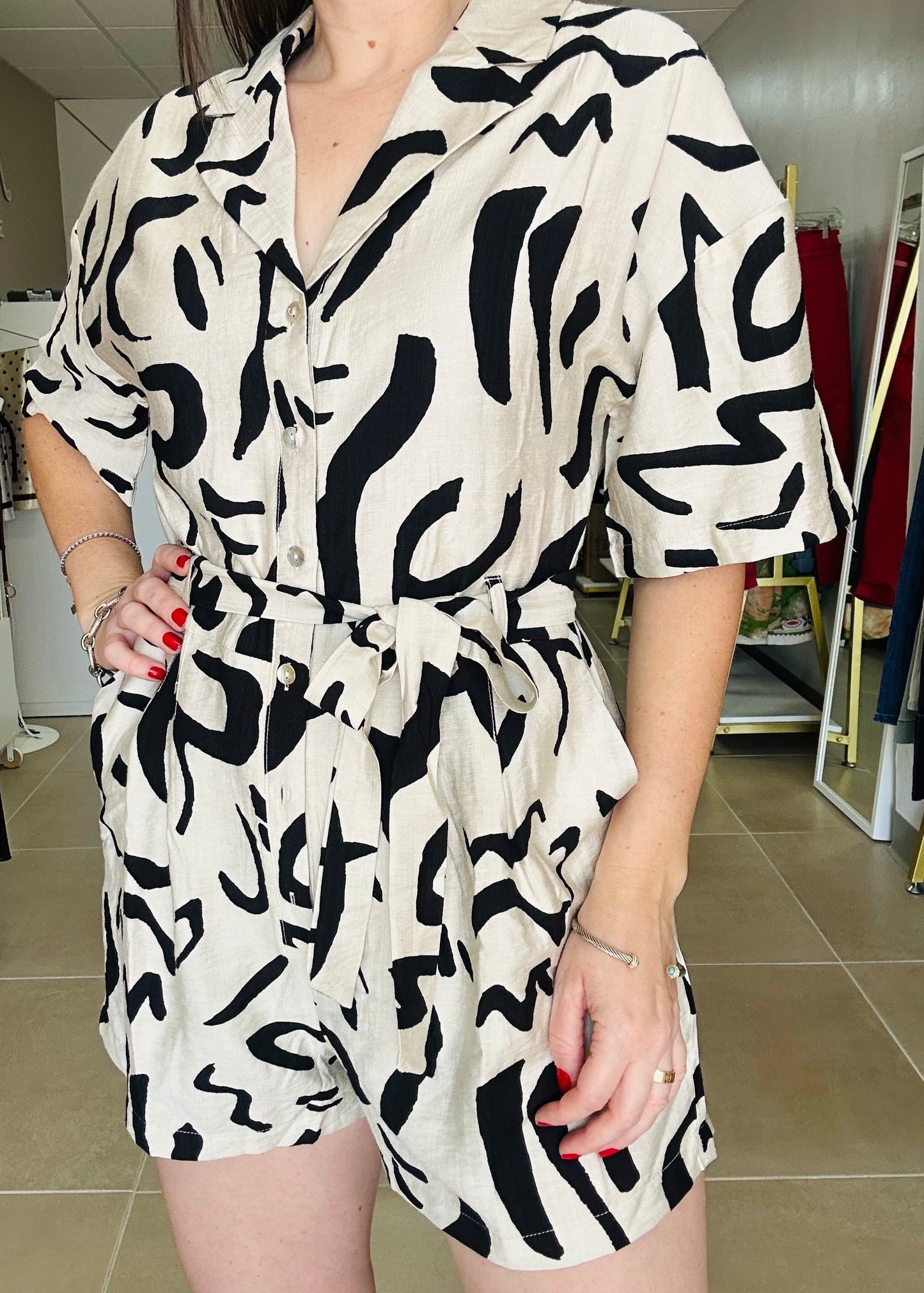 Black Cream Print Romper