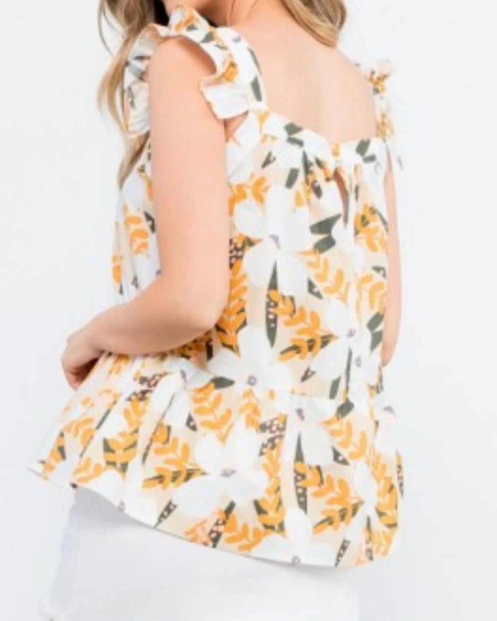 Light Yellow Square Neck Floral Top  PLUS size