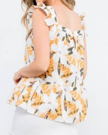 Light Yellow Square Neck Floral Top  PLUS size