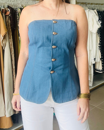 Denim Tube Top with Gold Buttons