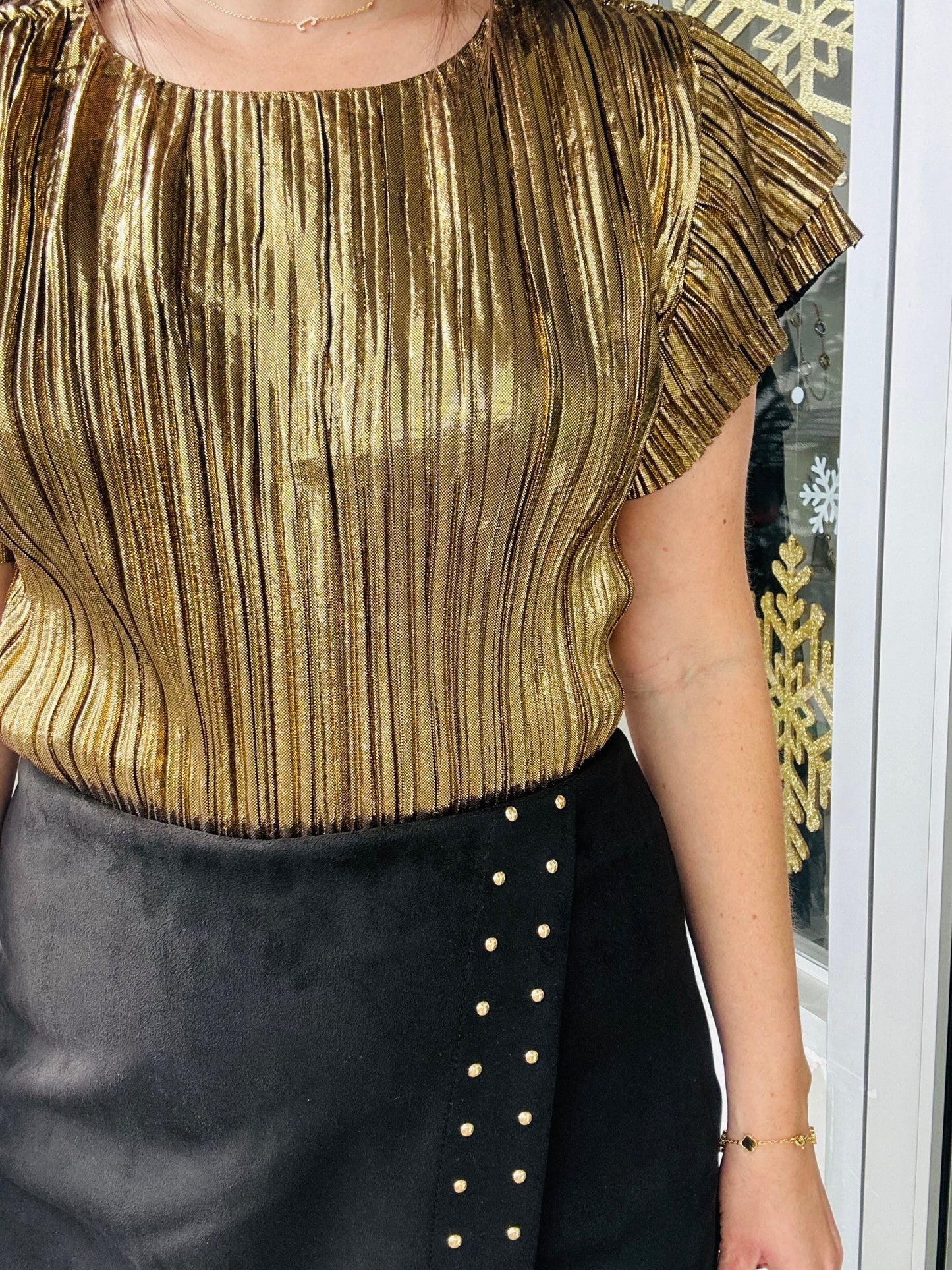 Gold Metallic Pleated Top