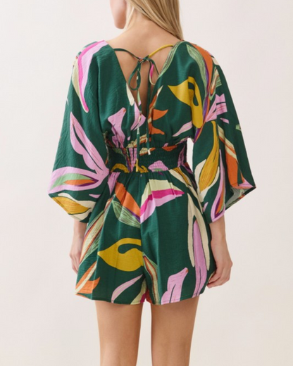 Green Leaf Print Romper