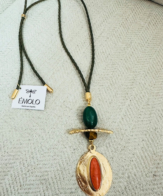 Émolo- Leather cord Necklace/ Green -Orange