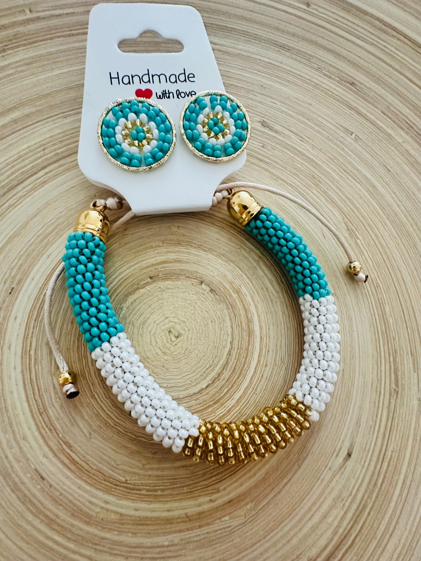 Turquoise / Gold / White Beaded Set