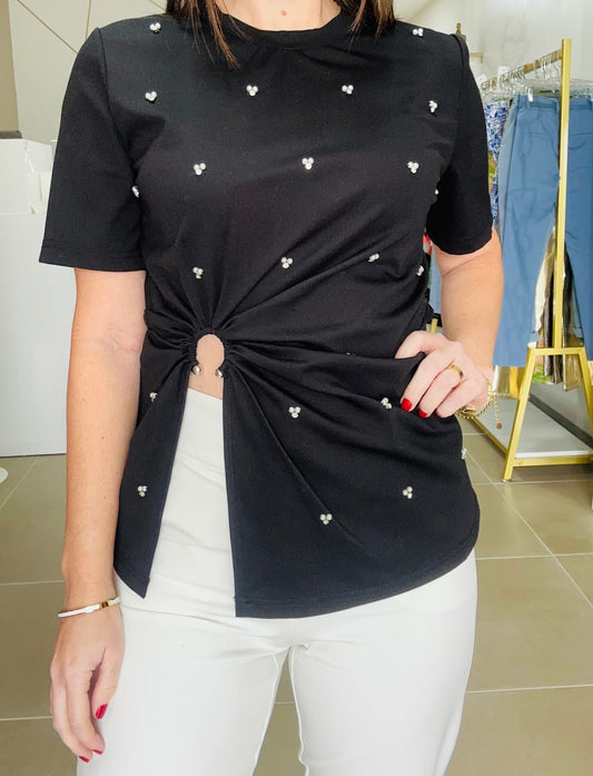 Black Open side Pearls Top