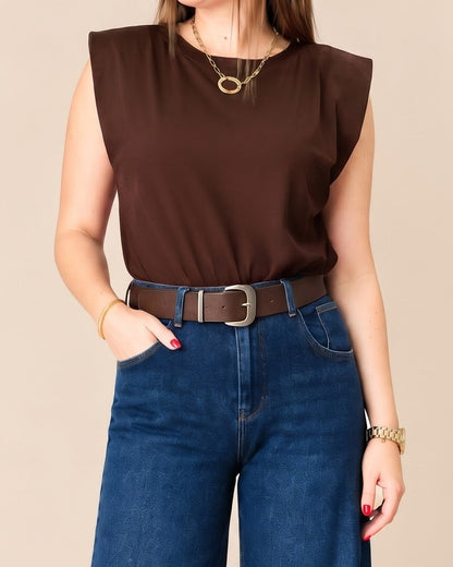 Brown Padded Shoulder Top