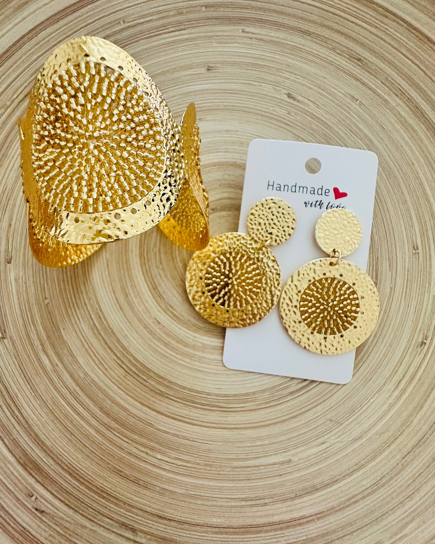 Gold Circle Beaded Cuff +Earrings Set