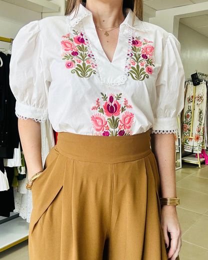 Puff Sleeve Floral Embroidery Off White Top