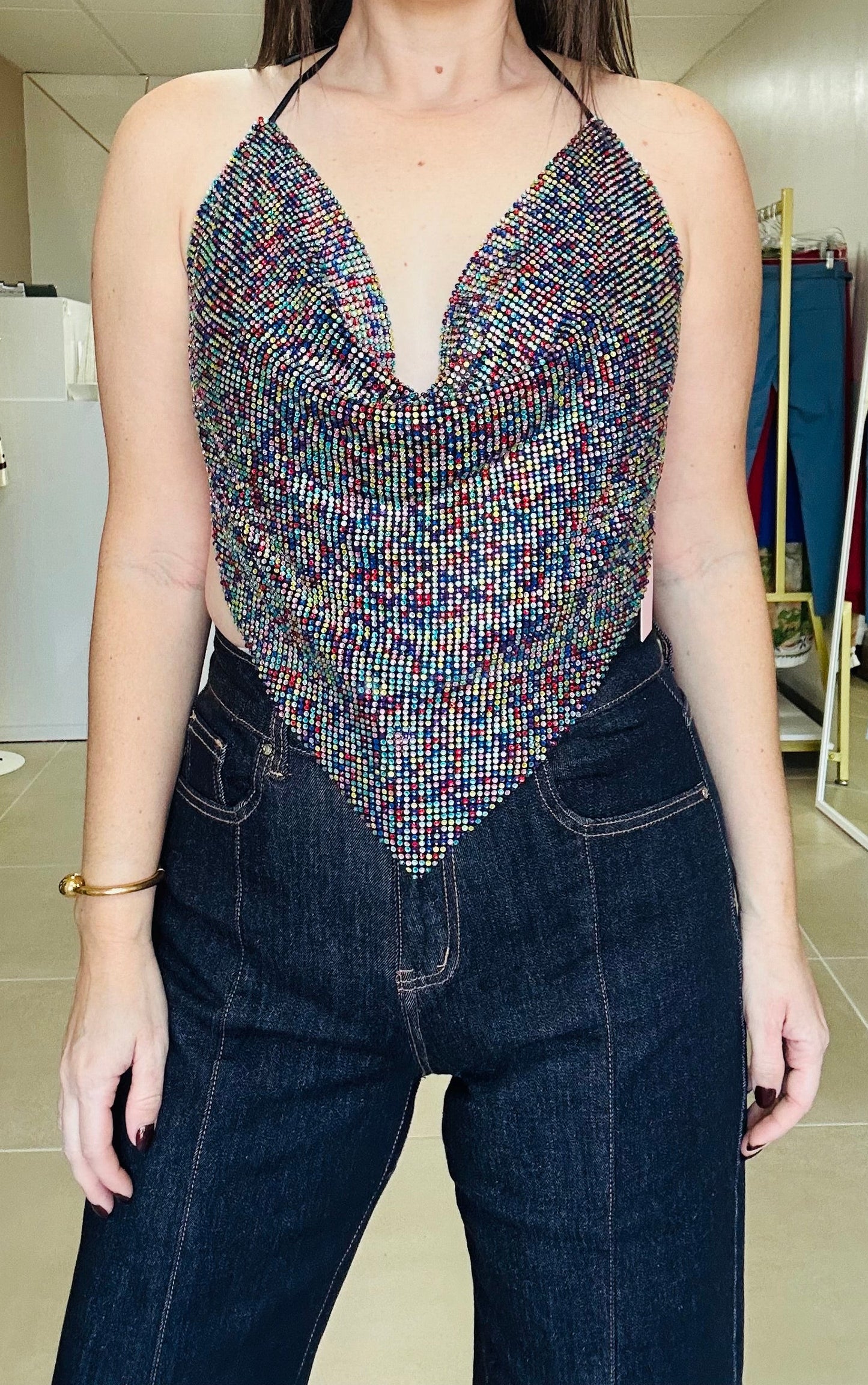Multicolor Metallic Open Back Top