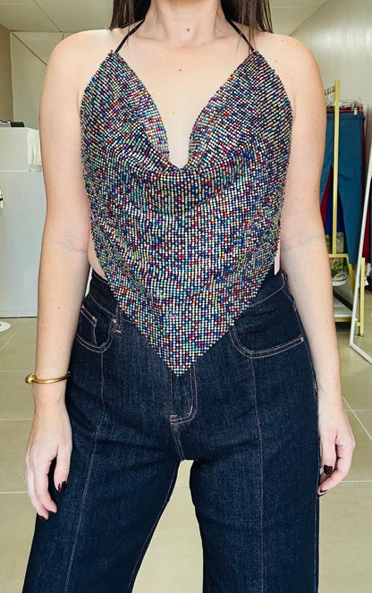 Multicolor Metallic Open Back Top