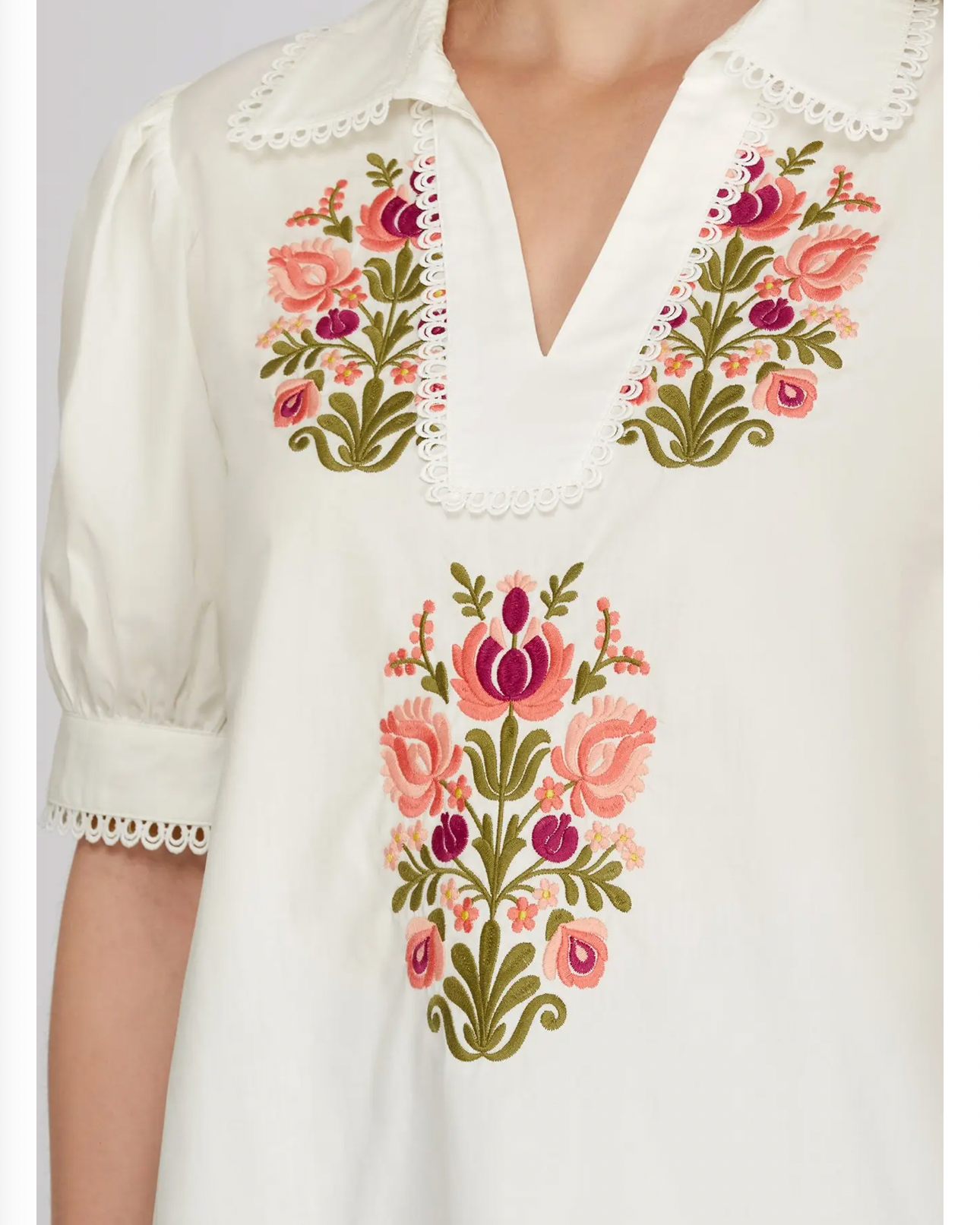 Puff Sleeve Floral Embroidery Off White Top