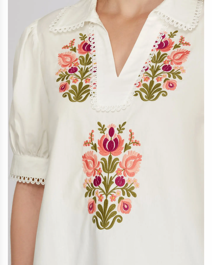 Puff Sleeve Floral Embroidery Off White Top