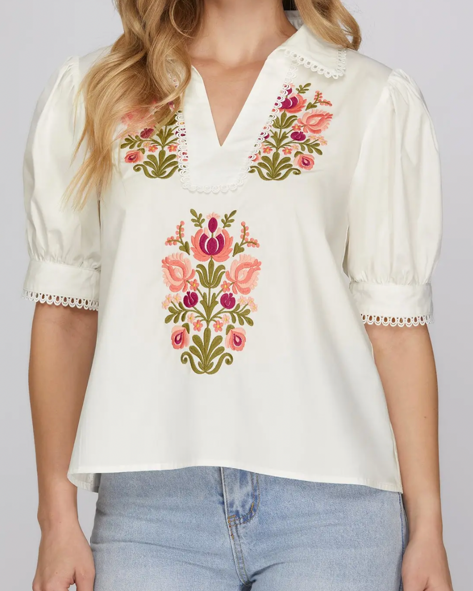 Puff Sleeve Floral Embroidery Off White Top