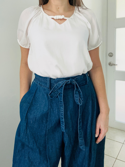 White short Sleeve Blouse with Cord Detail