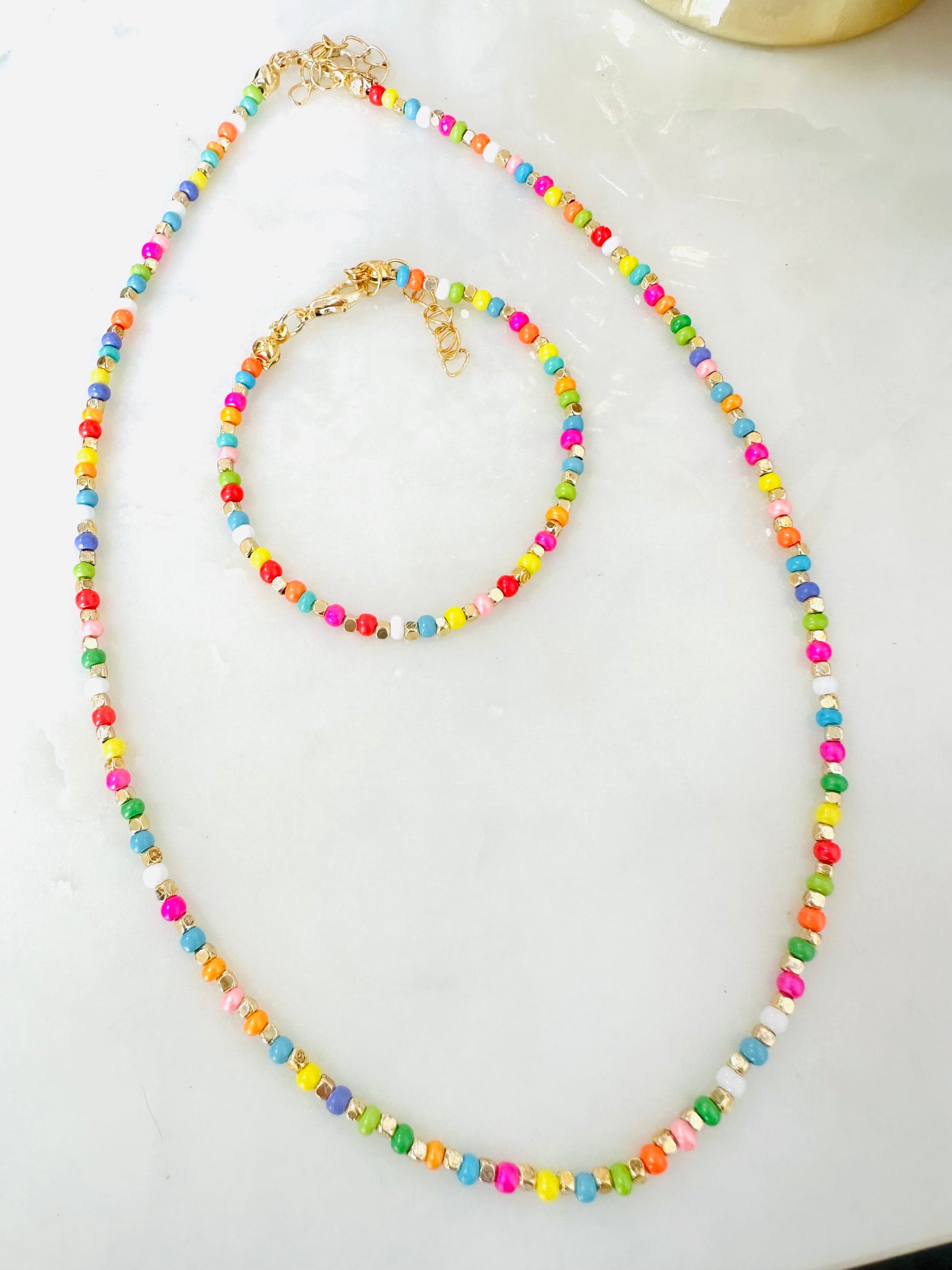 Multicolor mini beads short necklace + bracelet set
