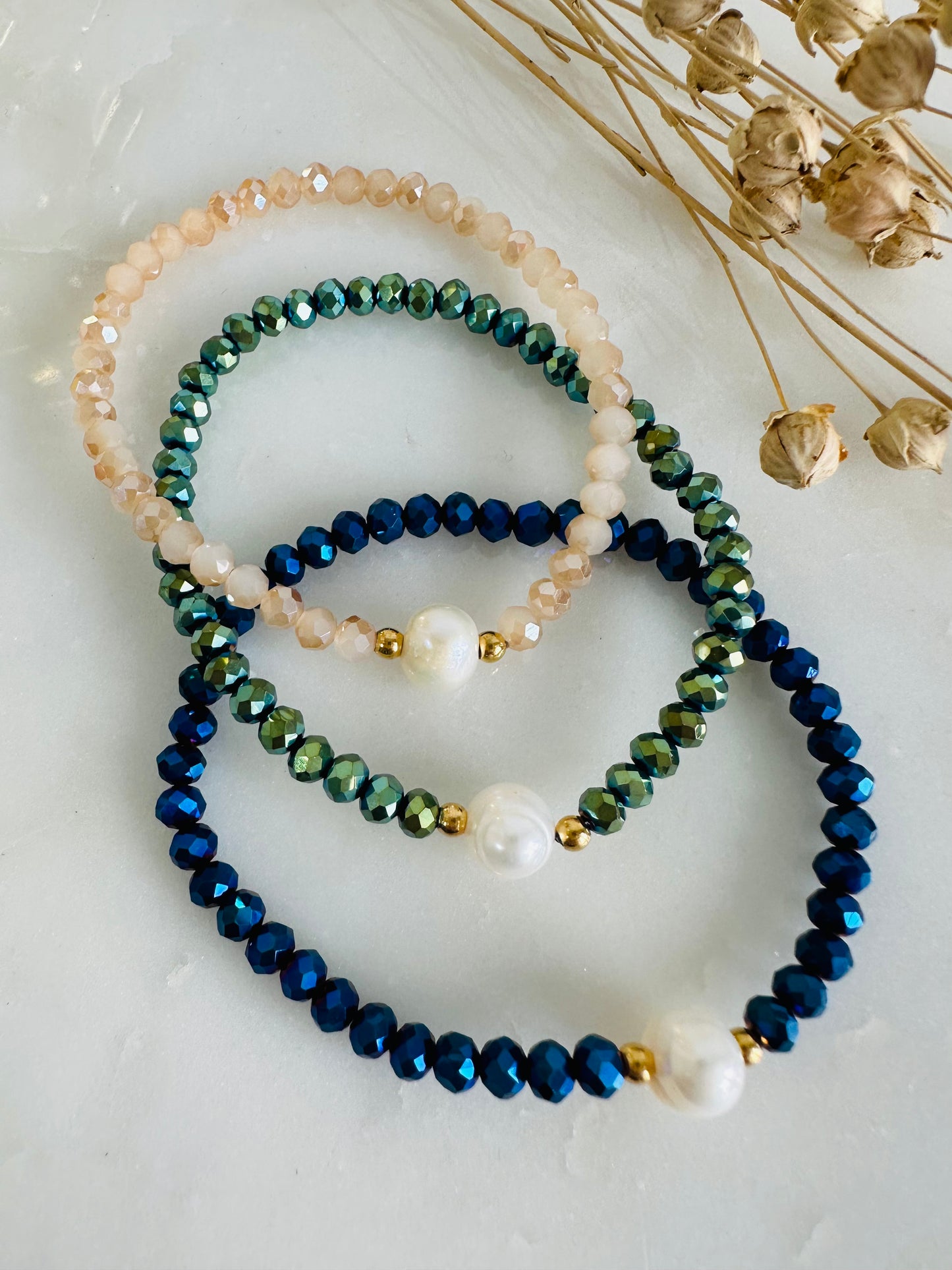 Blue  Trio Pearls / Beads Bracelet
