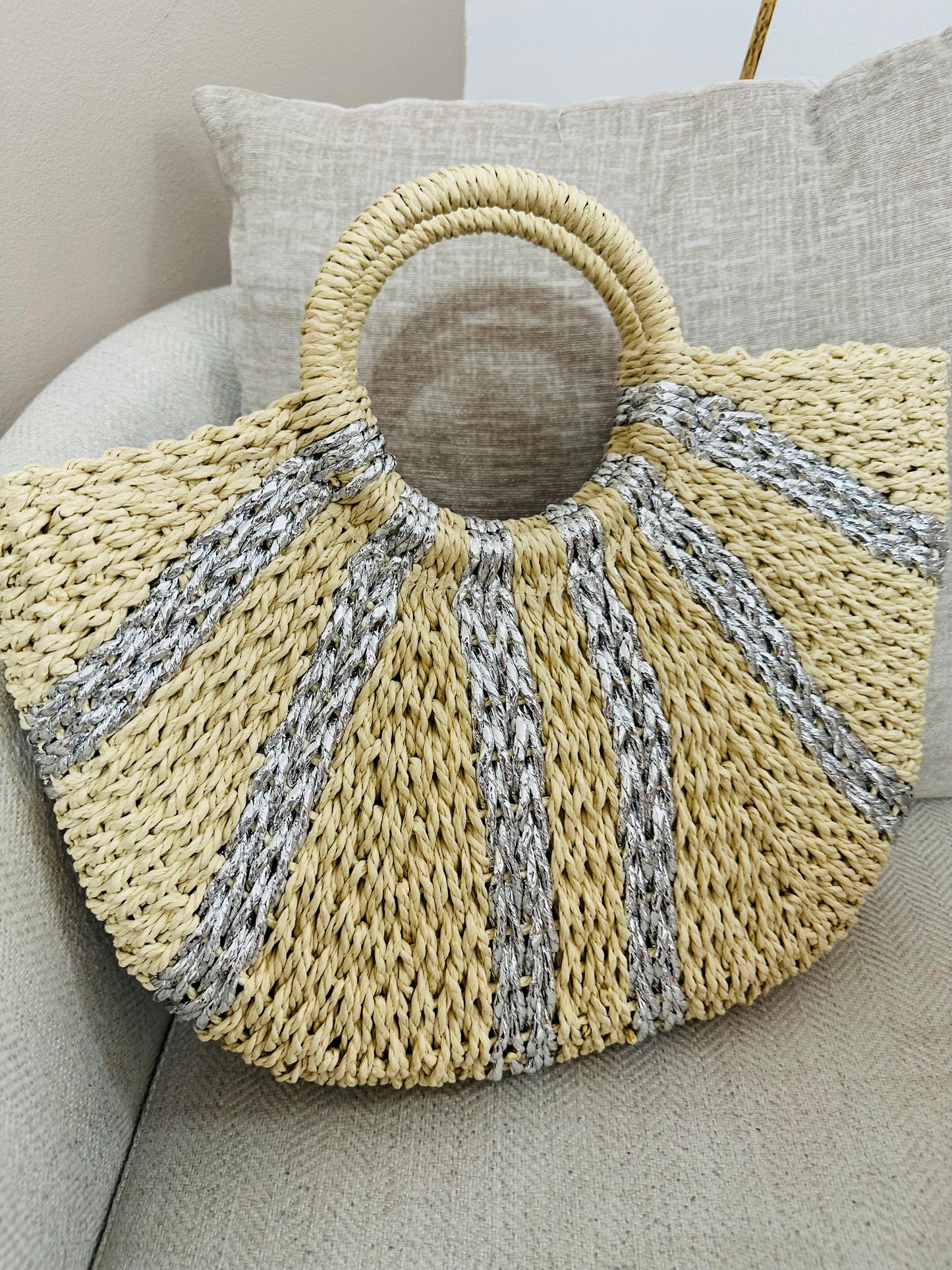 Silver/ Beige Straw Bag