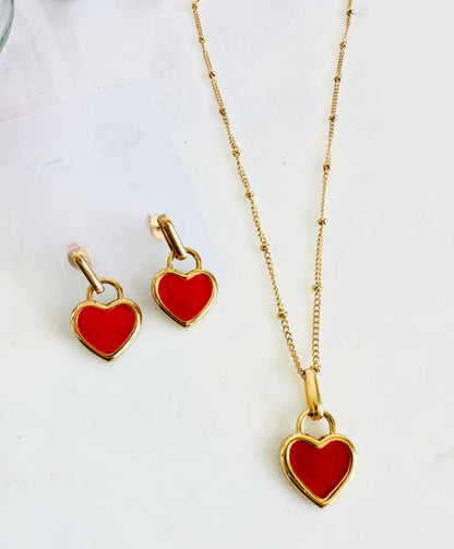 Red Heart  Earring + Necklace Set