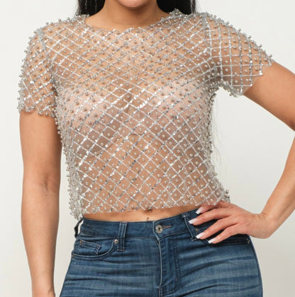Silver  Mesh Sequin/Beads Top