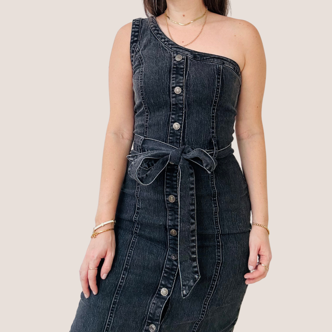 Black One Shoulder Denim Dress Small