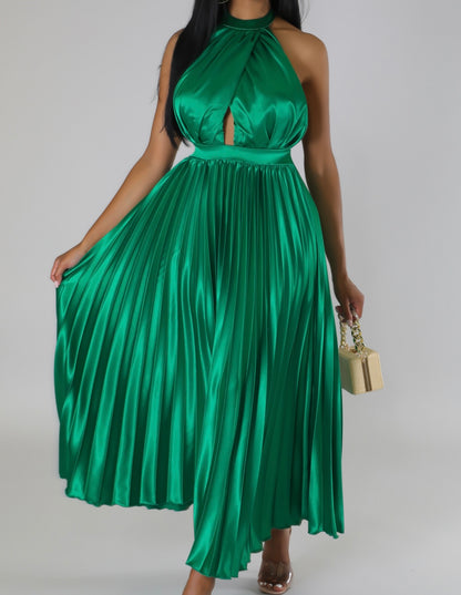 Green Halter Pleated midi Dress