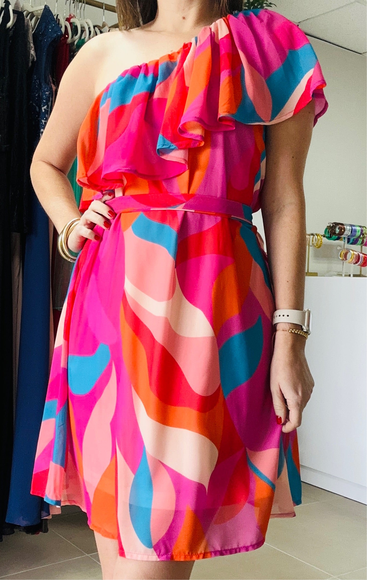 One sleeve Colorful Dress