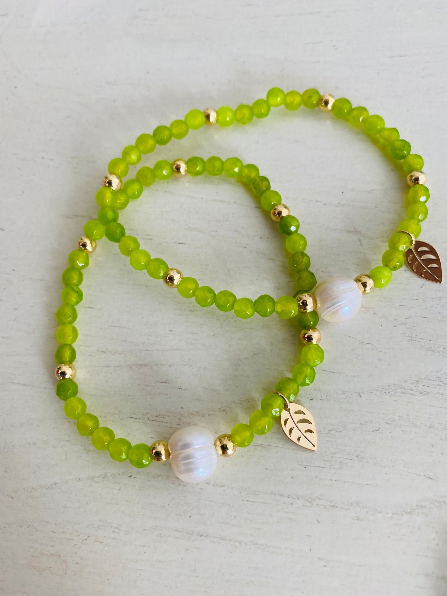 Light Green  tiny beads bracelet with gold mini leaf charm